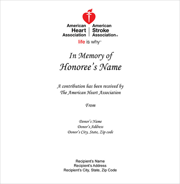 Sample print card, In honor of first name and last name. A contribution has been recieved by the American Heart Association
